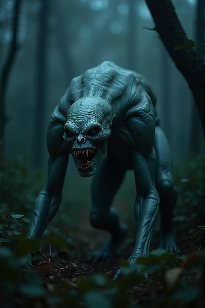 creature with long arms and a mouth that goes down to its chest, its skin is white and pale and its thin and skittish body with large claws at the tips of its fingers, its eyes are deep and marked, staring deeply at whoever observes it.