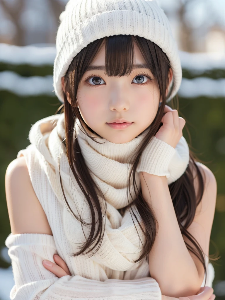  famous Japanese idol ,  white sweater, White knit hat, White scarf,  sleeveless sweater, Sleeveless, Long brown hair, With bangs, Fair and beautiful skin, Very cute  girl ,  baby face ,round face,Big droopy eyes,Drooping eyebrows, slender,マイナス5℃のExtreme coldのスキーゲレンデ,Gravure photoshoot,Extreme cold,Bare Arms,Goosebumps on arms , I have goose bumps on my arms exposed in so cold, masterpiece,  Ultra HD,Ultra high resolution anatomically correct, 16k, RAW Photos, realistic skin texture,The focus is on ,  professional photos