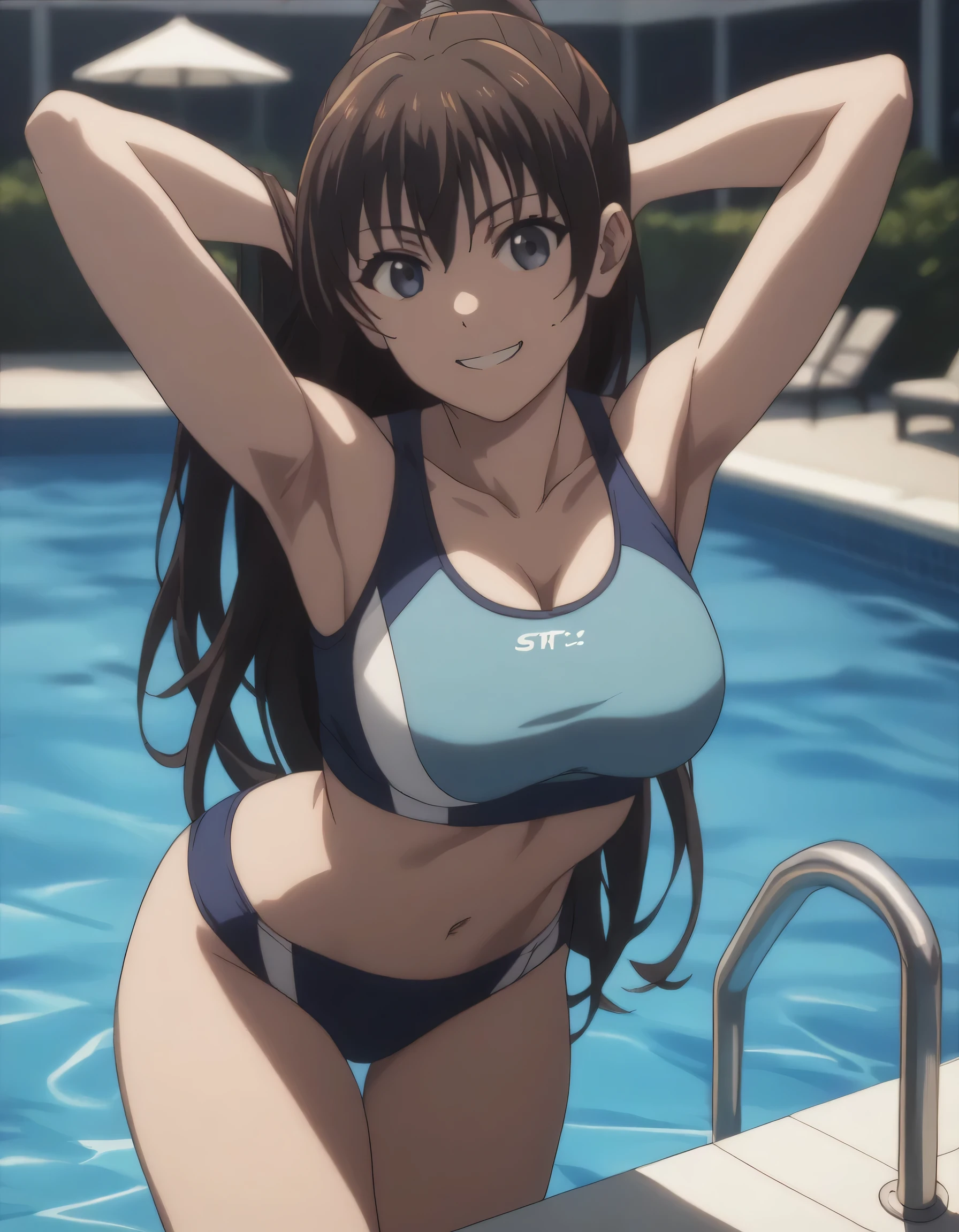 score_9, score_8_up, score_7_up, gsfghtr, loose long hair, sport bra, sport panties, 1girl, smile, hands behind head, armpit, swimming pool