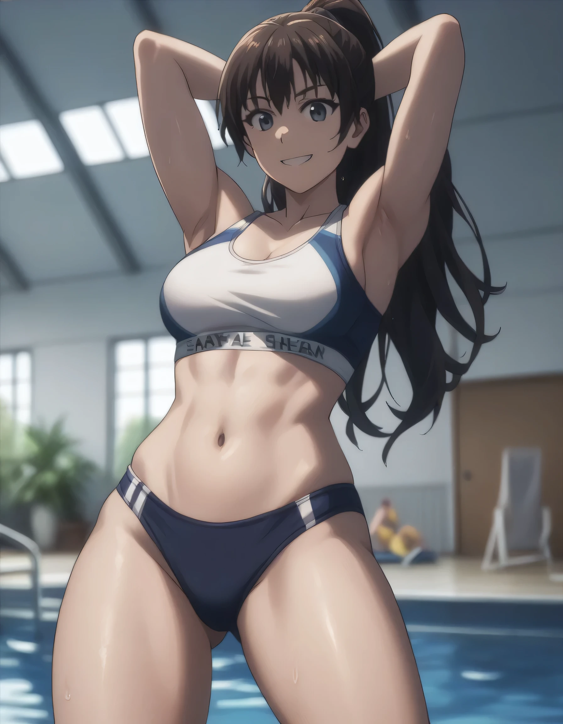 score_9, score_8_up, score_7_up, gsfghtr, loose long hair, sport bra, sport panties, 1girl, smile, hands behind head, armpit, swimming pool