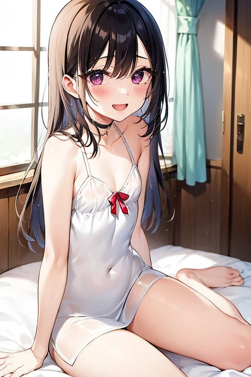 ((Best Quality)), ((masterpiece)), (be familiar with),  perfect face, indoor, bedroom,  watching viewers ,
One woman,  Kitakawa Kaiumi,
 characters with open mouth ,  ecstatic expression, blush, smile,
Small breasts,  flat chest, Young girl, Lori,  s,  girl,
Long Hair,  long hair,
Leg spread,