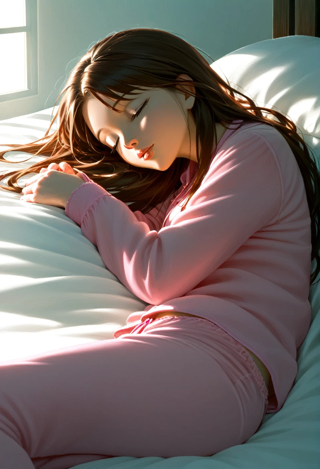 a sleeping girl, 22 years old, realistic, long pants, pink pajamas, brown hair, beautiful detailed eyes, beautiful detailed lips, extremely detailed face and features, longeyelashes, hyper detailed, 8k, photorealistic, studio lighting, physically-based rendering, professional, vibrant colors, natural lighting, warm colors, peaceful, serene, tranquil