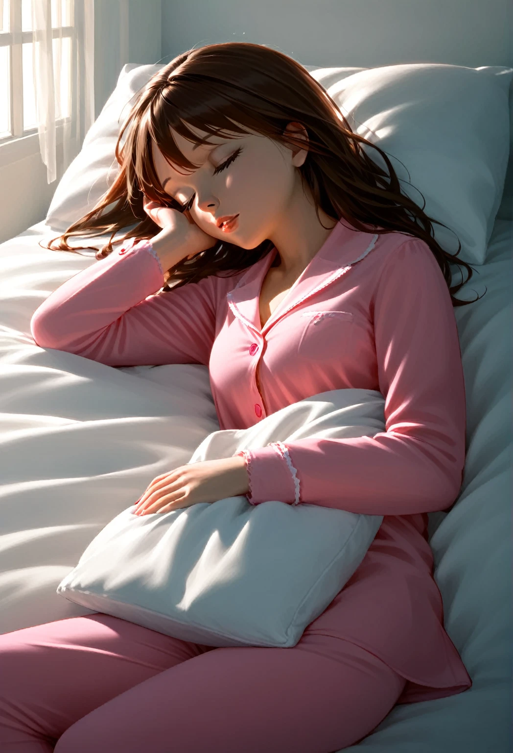 a sleeping girl, 22 years old, realistic, long pants, pink pajamas, brown hair, beautiful detailed eyes, beautiful detailed lips, extremely detailed face and features, longeyelashes, hyper detailed, 8k, photorealistic, studio lighting, physically-based rendering, professional, vibrant colors, natural lighting, warm colors, peaceful, serene, tranquil