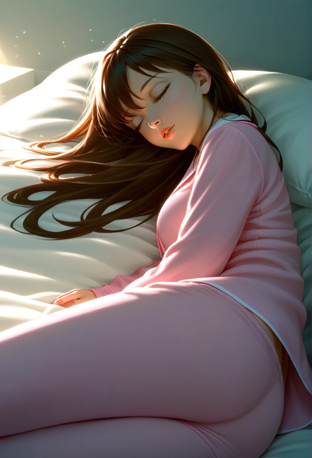 a sleeping girl, 22 years old, realistic, long pants, pink pajamas, brown hair, beautiful detailed eyes, beautiful detailed lips, extremely detailed face and features, longeyelashes, hyper detailed, 8k, photorealistic, studio lighting, physically-based rendering, professional, vibrant colors, natural lighting, warm colors, peaceful, serene, tranquil