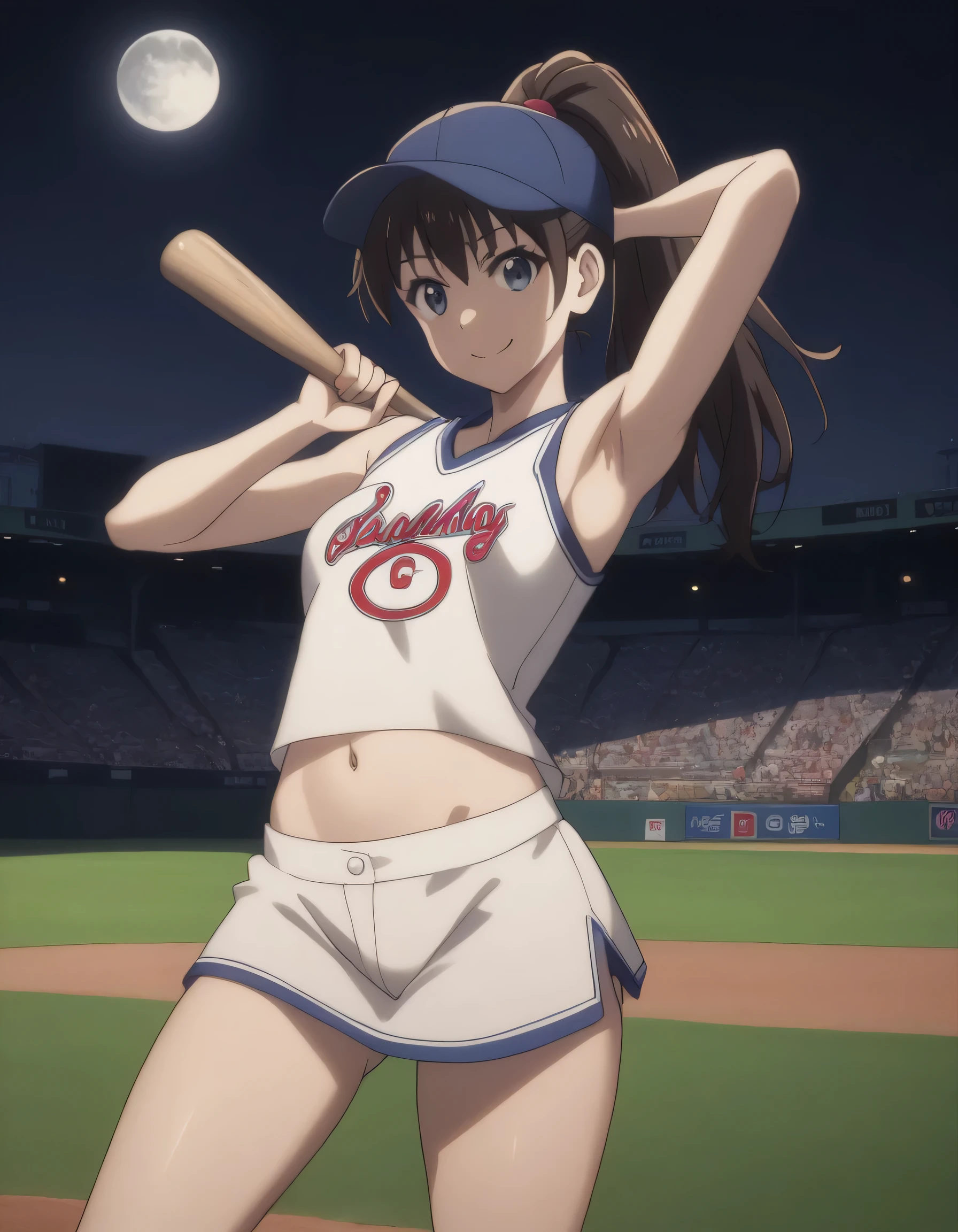 score_9, score_8_up, score_7_up, gsfghtr, ponytail, mini tank top baseball dress, white panties, 1girl, smile, (navel), building, (armpit), (thigh), baseball field, night, moon