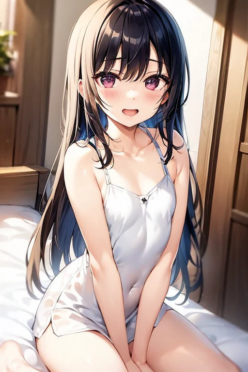 ((Best Quality)), ((masterpiece)), (be familiar with),  perfect face, indoor, bedroom,  watching viewers ,
One woman,  Kitakawa Kaiumi,
 characters with open mouth ,  ecstatic expression, blush, smile,
Small breasts,  flat chest, Young girl, Lori,  s,  girl,
Long Hair,  long hair,
Leg spread,