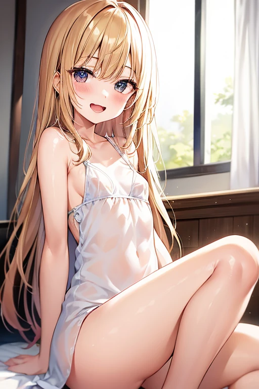 ((Best Quality)), ((masterpiece)), (be familiar with),  perfect face, indoor, bedroom,  watching viewers ,
One woman,  Kitakawa Kaiumi,
 characters with open mouth ,  ecstatic expression, blush, smile,
Small breasts,  flat chest, Young girl, Lori,  s,  girl,
Long Hair,  long hair,
Leg spread,