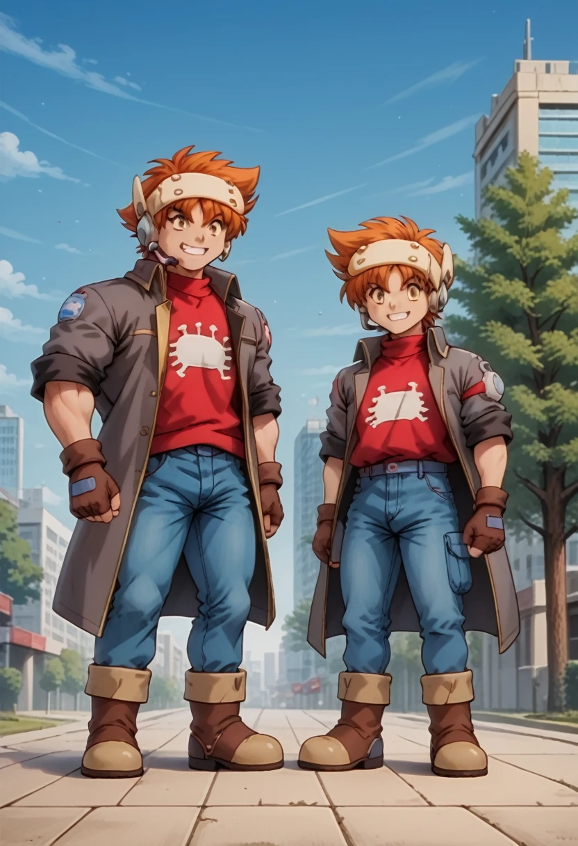  masterpiece, High Quality,8k, huge muscles,【score_9, score_7_up, source_anime, Kanipa , male focus, yellow eyes, orange hair, short hair, headset, sweater, red sweater, turtleneck, jacket, collared jacket, brown jacket, long sleeves, sleeves rolled up, gloves, fingerless gloves, brown gloves, jeans, boots, ankle boots, brown footwear, smile, grin,outdoor, sky, tree, building,】