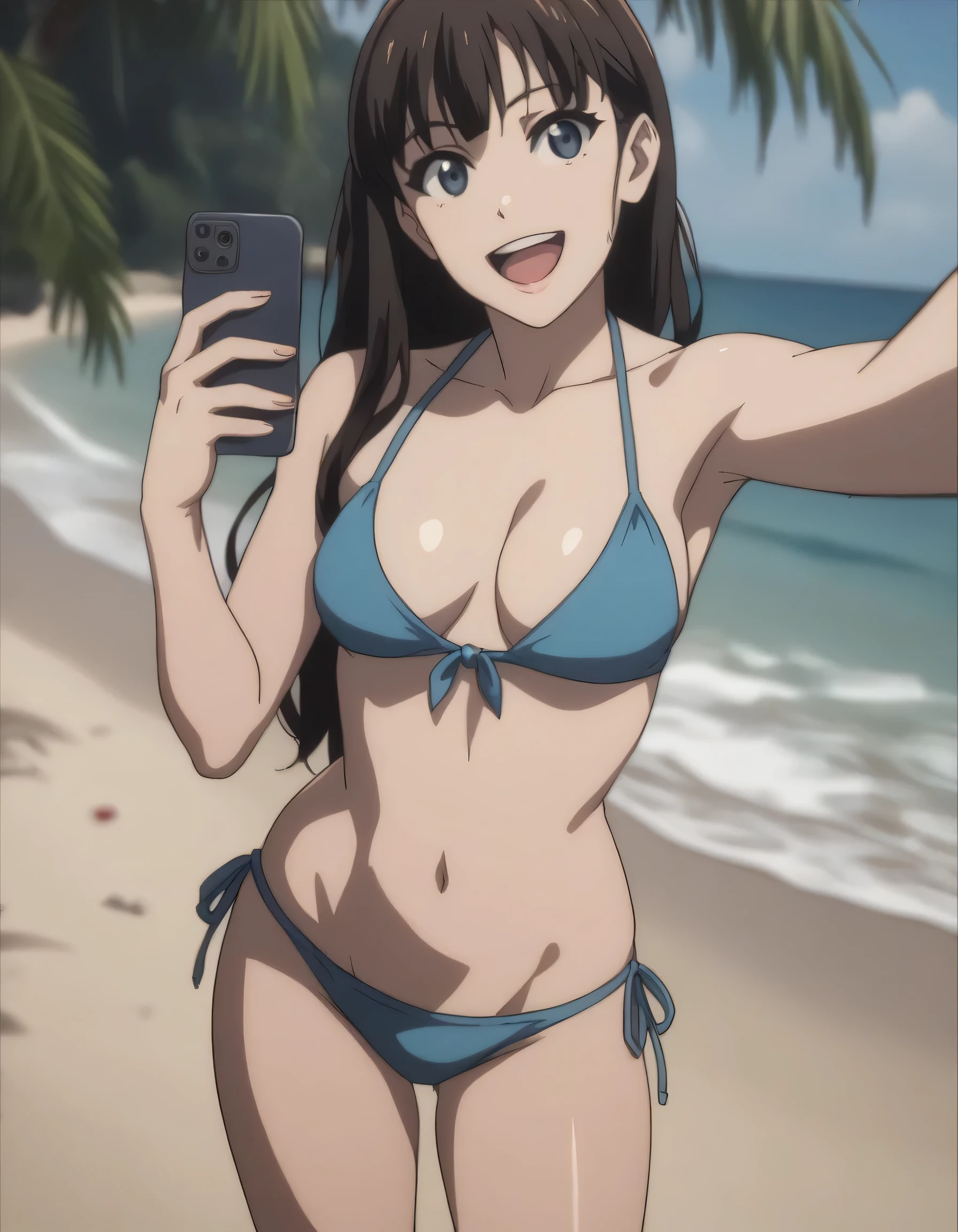 score_9, score_8_up, score_7_up, gsfghtr, long straight hair, bikini, 1girl, smile, open mouth, selfie beach