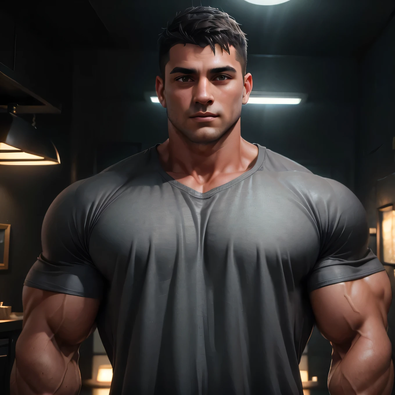 ((1 man)), A 23 y.o man, very short black hair, shaved, sharp jaw, cute and handsome, Dull black eyes, Charm, Gentle eyes, cinematic lighting, unreal engine, surreal, super high quality, (((masterpiece))), muscular, bigger chest, ((wearing grey shirt))