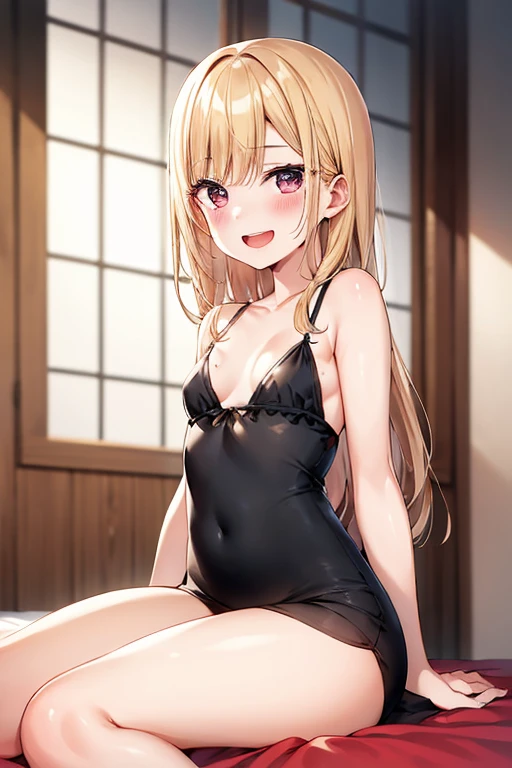 ((Best Quality)), ((masterpiece)), (be familiar with),  perfect face, indoor, bedroom,  watching viewers ,
One woman,  Kitakawa Kaiumi,
 characters with open mouth ,  ecstatic expression, blush, smile,
Small breasts,  flat chest, Young girl, Lori,  s,  girl,
Long Hair,  long hair,
Leg spread,