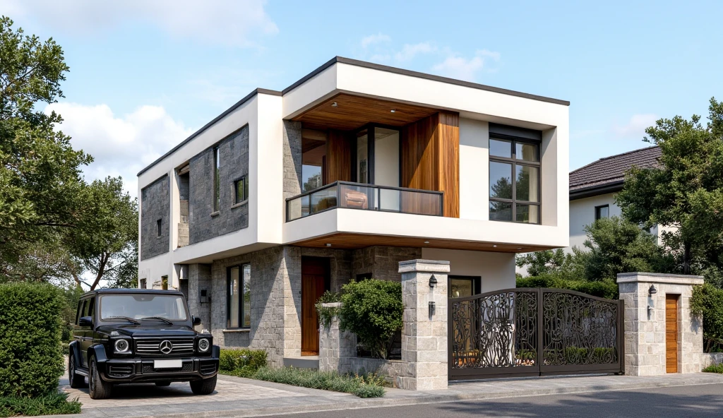 This image depicts a modern two-story house with Asian-inspired design, featuring:



- **Structure and Design:** Rectangular form, low-pitched hip roof, layered effect with a second story set back, and strong horizontal lines for stability.

- **Materials:** White plaster or concrete walls, gray stone cladding, warm wood accents, and dark metal for contrast.

- **Features:** Large windows and glass doors for natural light, a balcony, a patterned metal and wood gate for privacy, and a small landscaped area.

- **Landscaping:** Mature trees for shade and privacy, with low hedges and shrubs enhancing greenery.

- **Vehicle:** A black Mercedes-Benz G-Class SUV suggests luxury and homeowner lifestyle.

- **Overall Impression:** The house conveys modern sophistication and comfort, with clean lines and natural materials promoting an inviting atmosphere amidst tranquil landscaping. Best Quality,Masterpiece, UHD, 4k, Stunning,Eye-catching,Sharp edge render, Award winner design in 2024, Photorealistic, High-Resolution, Detailed, Accurate, Vibrant, Dynamic Lighting, Textured, Perspective, Atmospheric, Contextual, Balanced Composition, Material Realism, Interactive, Immersive, Narrative, Minimalist, Glass, Neutral Tones, Accent Colors, Open Space, Integrated Lighting, Sleek Finishes