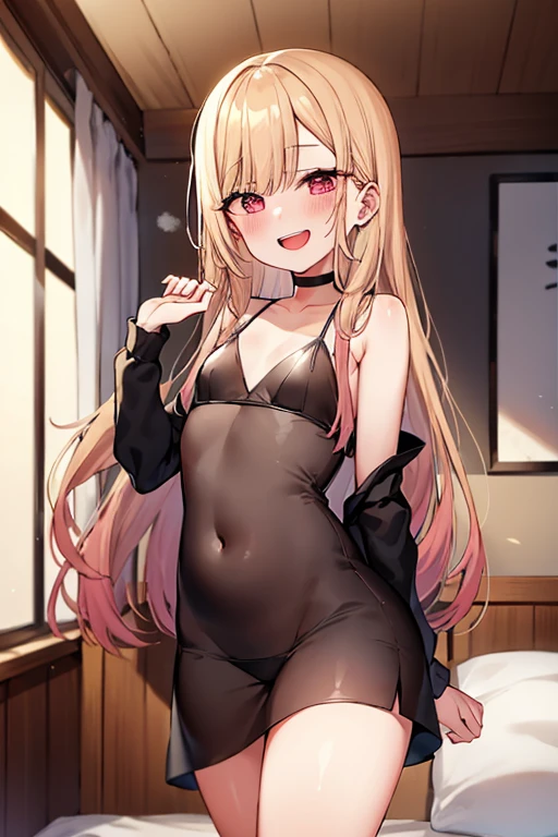 ((Best Quality)), ((masterpiece)), (be familiar with),  perfect face, indoor, bedroom,  watching viewers ,
One woman,  Kitakawa Kaiumi,
 characters with open mouth ,  ecstatic expression, blush, smile,
Small breasts,  flat chest, Young girl, Lori,  s,  girl,
Long Hair,  long hair,
Leg spread,