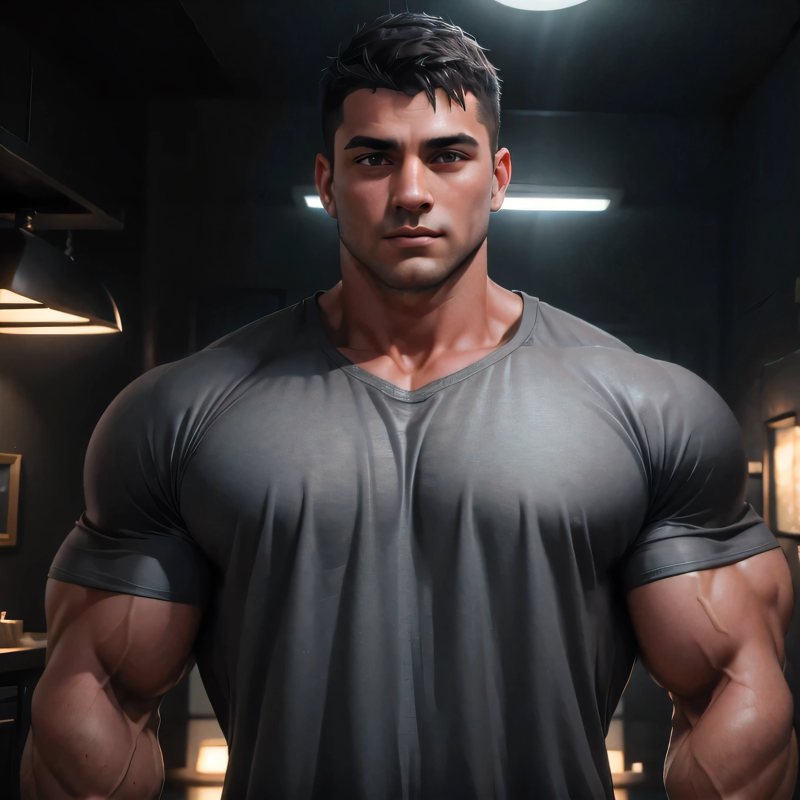 ((1 man)), A 23 y.o man, very short black hair, shaved, sharp jaw, cute and handsome, Dull black eyes, Charm, Gentle eyes, cinematic lighting, unreal engine, surreal, super high quality, (((masterpiece))), muscular, bigger chest, ((wearing grey shirt))