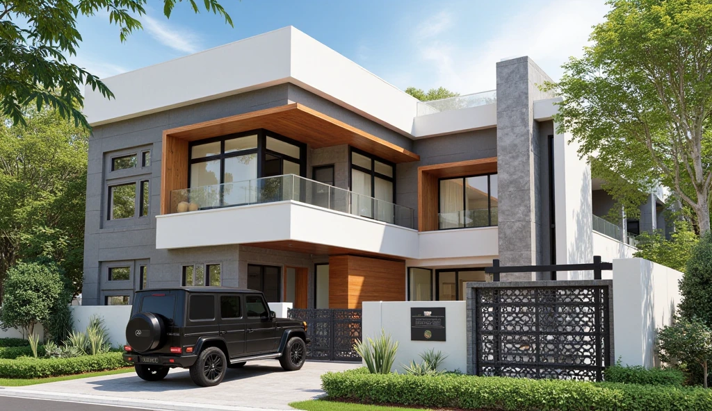 This image depicts a modern two-story house with Asian-inspired design, featuring:



- **Structure and Design:** Rectangular form, low-pitched hip roof, layered effect with a second story set back, and strong horizontal lines for stability.

- **Materials:** White plaster or concrete walls, gray stone cladding, warm wood accents, and dark metal for contrast.

- **Features:** Large windows and glass doors for natural light, a balcony, a patterned metal and wood gate for privacy, and a small landscaped area.

- **Landscaping:** Mature trees for shade and privacy, with low hedges and shrubs enhancing greenery.

- **Vehicle:** A black Mercedes-Benz G-Class SUV suggests luxury and homeowner lifestyle.

- **Overall Impression:** The house conveys modern sophistication and comfort, with clean lines and natural materials promoting an inviting atmosphere amidst tranquil landscaping. Best Quality,Masterpiece, UHD, 4k, Stunning,Eye-catching,Sharp edge render, Award winner design in 2024, Photorealistic, High-Resolution, Detailed, Accurate, Vibrant, Dynamic Lighting, Textured, Perspective, Atmospheric, Contextual, Balanced Composition, Material Realism, Interactive, Immersive, Narrative, Minimalist, Glass, Neutral Tones, Accent Colors, Open Space, Integrated Lighting, Sleek Finishes