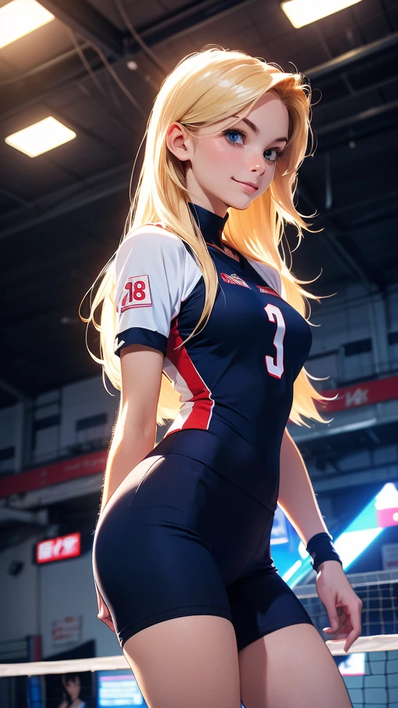 (masterpiece, best quality, chromatic lighting, professional quality, high detail), beautiful 18 year girl, long blonde hair, blue eyes, seductive smile, wide hips, skinny waist, girl's volleyball, long tight jersey, navy blue tight shorts