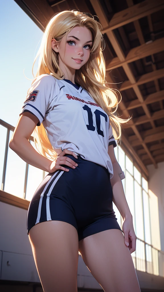 (masterpiece, best quality, chromatic lighting, professional quality, high detail), beautiful 18 year girl, long blonde hair, blue eyes, seductive smile, wide hips, skinny waist, girl's volleyball, long tight jersey, navy blue tight shorts