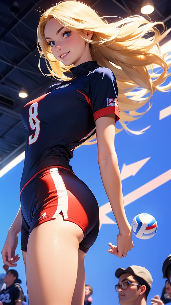 (masterpiece, best quality, chromatic lighting, professional quality, high detail), beautiful 18 year girl, long blonde hair, blue eyes, seductive smile, wide hips, skinny waist, girl's volleyball, long tight jersey, navy blue tight shorts