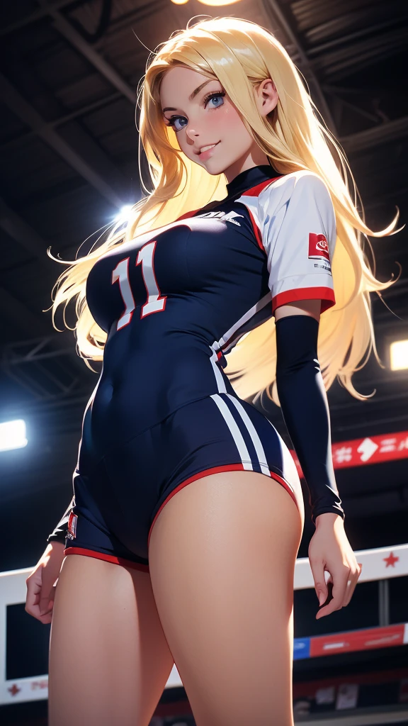 (masterpiece, best quality, chromatic lighting, professional quality, high detail), beautiful 18 year girl, long blonde hair, blue eyes, seductive smile, wide hips, skinny waist, girl's volleyball, long tight jersey, navy blue tight shorts