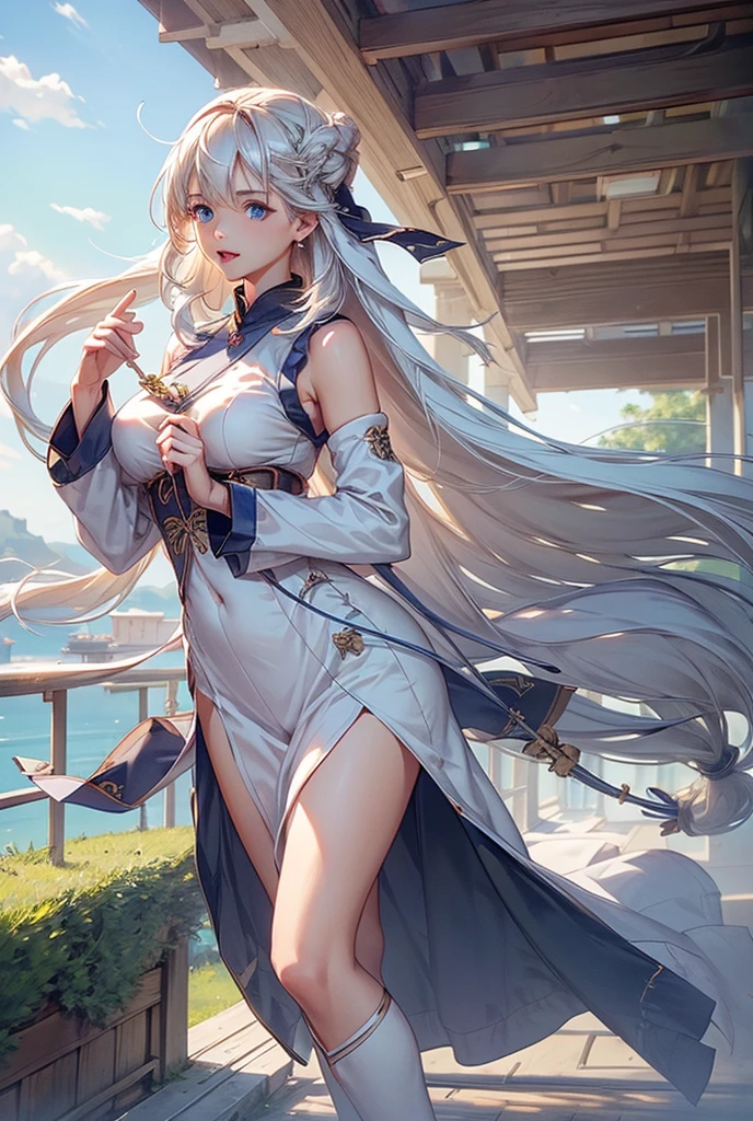  high resolution on down, whole body, 8k， 1 girl,  blue eyes 、Long Hair, Silver Hair,  long hair、( straight hair )，Hair swaying in the wind、 long lashes、White and beautiful skin、 big breasts at the temple, slim，Slim waist ，( sleeveless)，White Ao Dai，whole body、
A slit that is wide open to the side of the waist and all the way up、(( the fabric of the clothes lets light through))、Thin legs、,  open your mouth slightly , happiness/joy, Licking your lips, Turn slightly to the side、Park on the hill 、 I can see the harbor in the distance 、