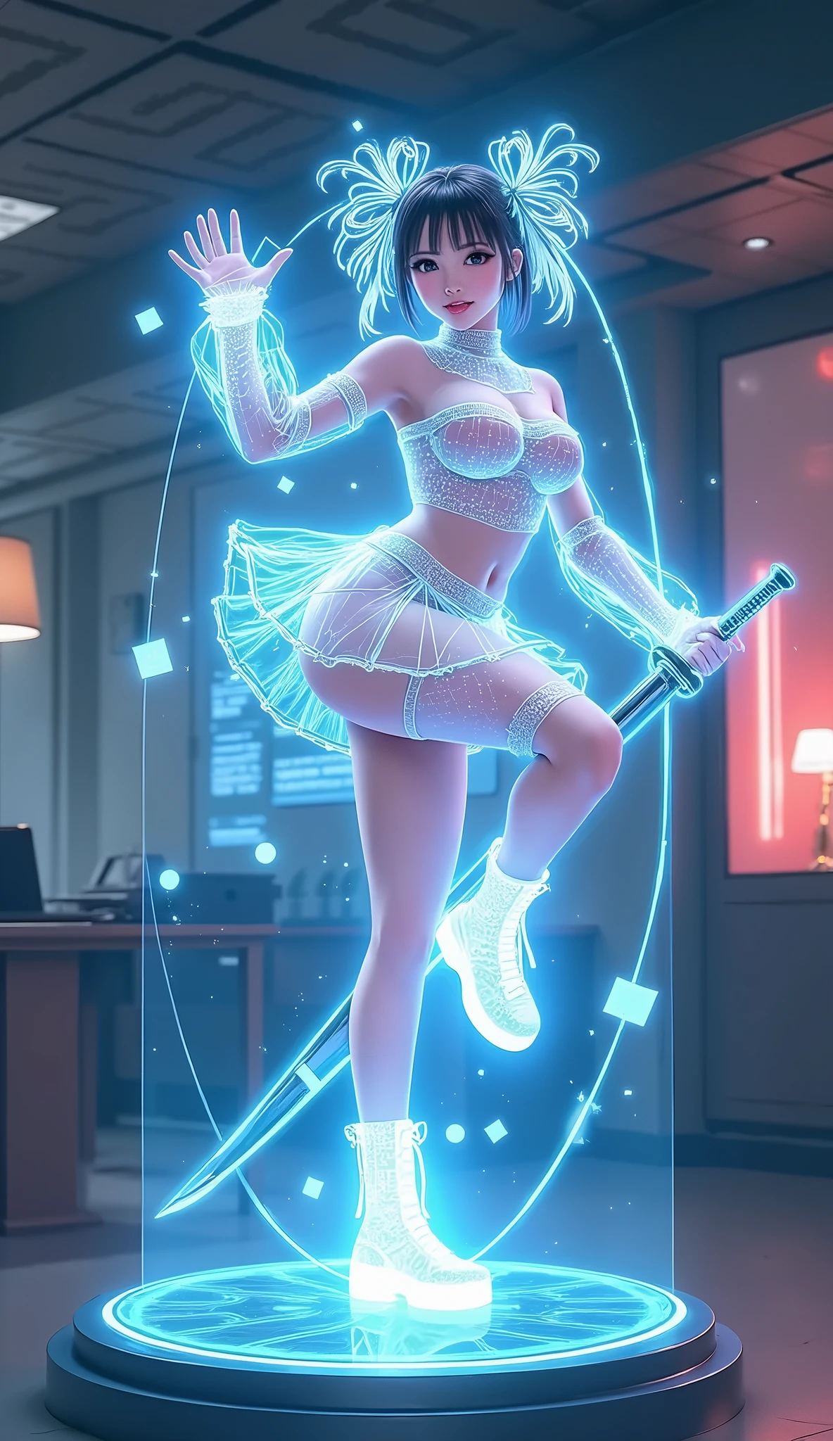 Busty breasts, puffy breasts, large breasts, virtual idol, digital 2D illustration holographic figure girl on desk, cute outfit, short skirt with wide frill, 1 knee up, 1knee put ground, thick thigh, glowing transparent hair, short twin tail hair, transparent legs with boots, dancing and singing, take japanese katana, katana in handdynamic pose, hologram body, intricate hologram outfit, hologram cute face, realistic anime, cute big eyes, transparent body, cyberpunk style, in future, in science fiction,  