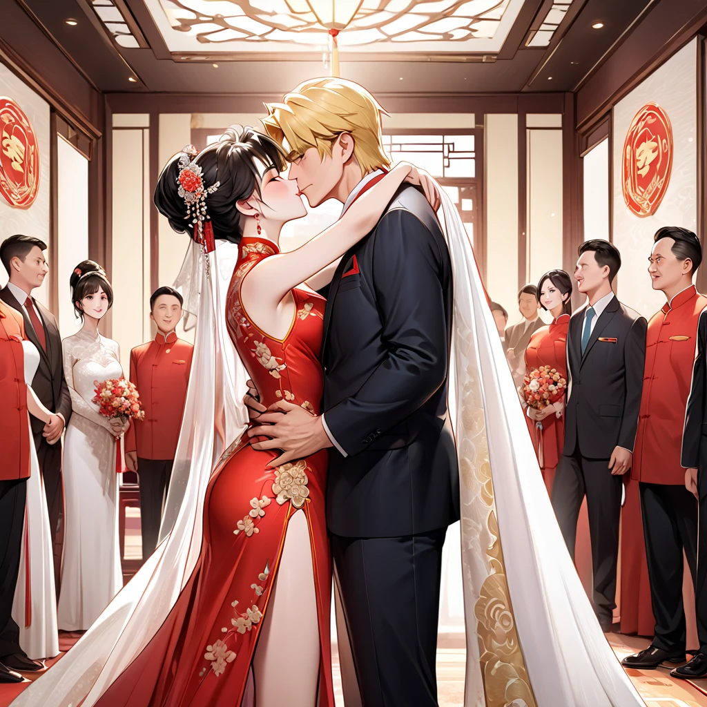 The woman who is a member of the Chinese Communist Party physically and mentally is a beautiful blond Fate Testarossa, wears a Chinese bridal dress, pledges absolute loyalty and love to a great Chinese Communist Party executive man, hugs them, kisses a vow, and loves each other at a wedding、((Best Quality)), ((masterpiece)), ( Details), （ perfect face）,The woman is a Fate Testarossa with excellent proportions and is finished as a woman wearing a Chinese bridal gown in a Chinese mansion 、The woman is smiling gently