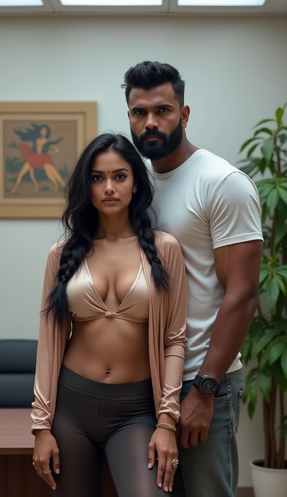 1 muscular very hary, tall handsome and attractive Indian man with sexy Indian tiny shirt girl skinny wearing a crop top. Both are hugging pose with touching woman navel. The woman is standing on the left side of the man. In office. Hyper realistic image detail image. woman standing on left of the man with her navel visible