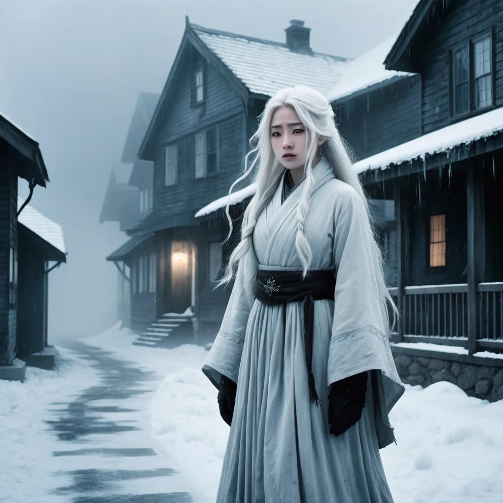 Like a real live-action movie、Like a realistic live action movie、Elegant Monster、God of War、A background of eerie, rising fog、A fearsome-looking monster with a beautiful Japanese doll-like face and long white hair.