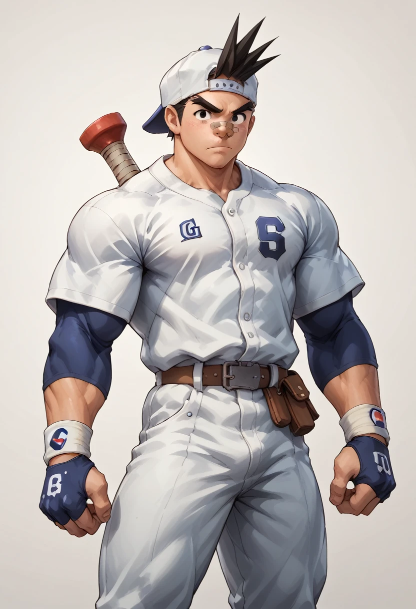  huge muscles, huge erect penis,score_9, score_8up, score_7up, score_6up, score_5up, score_4up, break
abstract background, break
solo, young male, boy, sh0m4, black hair, backwards cap, black eyes, bandaid on nose, break
baseball uniform, baseball pants, source_cartoon, rating_safe, break
