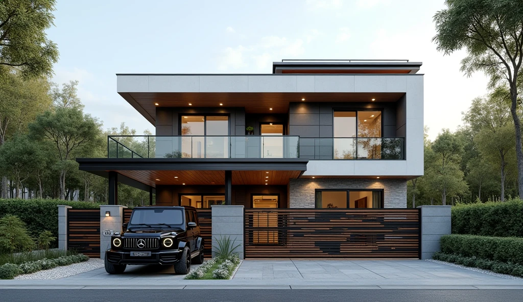 This image depicts a modern two-story house with Asian-inspired design, featuring:



- **Structure and Design:** Rectangular form, low-pitched hip roof, layered effect with a second story set back, and strong horizontal lines for stability.

- **Materials:** White plaster or concrete walls, gray stone cladding, warm wood accents, and dark metal for contrast.

- **Features:** Large windows and glass doors for natural light, a balcony, a patterned metal and wood gate for privacy, and a small landscaped area.

- **Landscaping:** Mature trees for shade and privacy, with low hedges and shrubs enhancing greenery.

- **Vehicle:** A black Mercedes-Benz G-Class SUV suggests luxury and homeowner lifestyle.

- **Overall Impression:** The house conveys modern sophistication and comfort, with clean lines and natural materials promoting an inviting atmosphere amidst tranquil landscaping. Best Quality,Masterpiece, UHD, 4k, Stunning,Eye-catching,Sharp edge render, Award winner design in 2024, Photorealistic, High-Resolution, Detailed, Accurate, Vibrant, Dynamic Lighting, Textured, Perspective, Atmospheric, Contextual, Balanced Composition, Material Realism, Interactive, Immersive, Narrative, Minimalist, Glass, Neutral Tones, Accent Colors, Open Space, Integrated Lighting, Sleek Finishes