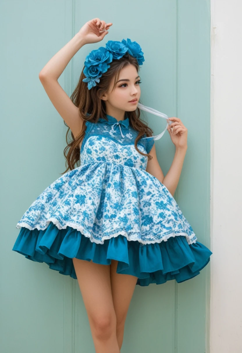 a beautiful little ,  young woman wearing a sky blue mini dress that is too short that reveals her white underwear,  brown hair 