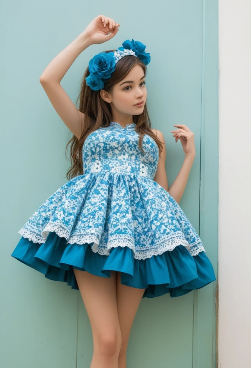 a beautiful little ,  young woman wearing a sky blue mini dress that is too short that reveals her white underwear,  brown hair 