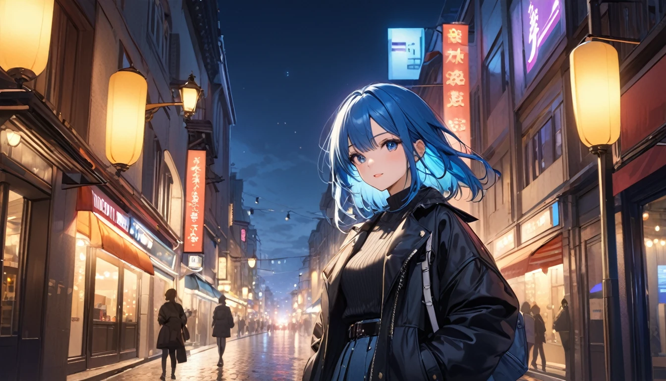 masterpiece, best quality, ultra-detailed, rem, re zero, Blue hair, Short hair, large breasts, black jacket, sweater(タートルネック),ロングブーツ, smile,
(nighttime city skyline reflecting
on ariver surface, numerous illuminated
high-rises in the background, a riverbank
promenade in the foreground with a
terrace restaurant andafew people
warm lighting with an urban vibe, overcast
sky with a hint ofnight blue, windows of
buildings glowing with yellow and white
lights)、(sense of depth:1.5)、(long shot:1.3).