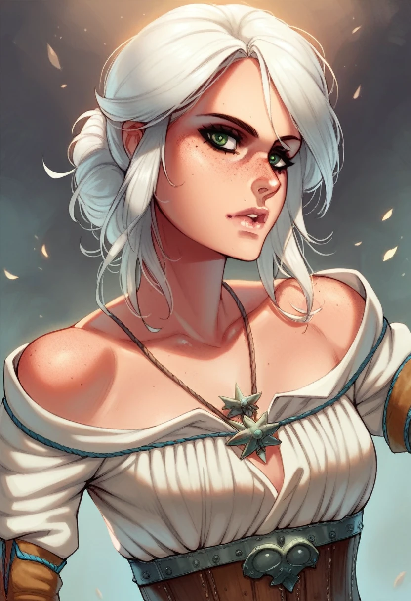 One girl, Ciri (The Witcher), white hair, freckles, green eyes, beautiful face, detailed face, sexy, revealling clothes, semi naked,