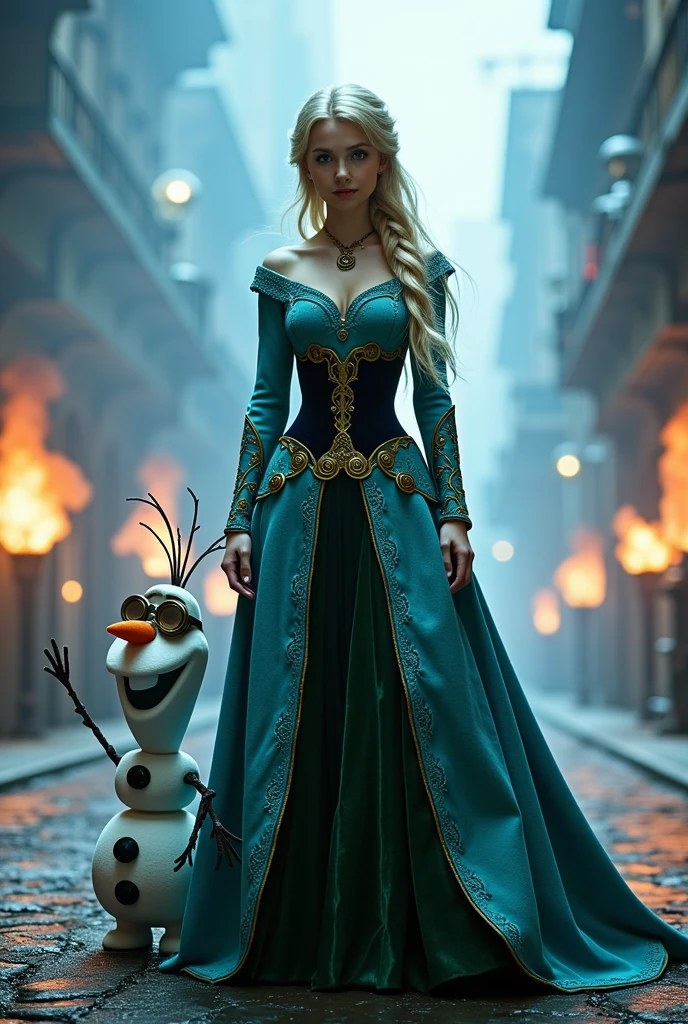 ((masterpiece)) ((photography)) ((Highest quality)) Create an image of Anna from Frozen, wearing a beautiful Victorian-inspired gown, with icy blue and deep green tones that reflect her vibrant personality. The gown features intricate lace, velvet, and brass detailing. She stands confidently, with her hands at her sides, exuding strength and elegance. Beside her, Olaf, the snowman, is reimagined with a steampunk twist, sporting goggles and mechanical elements like gears and steam vents, adding a whimsical yet industrial charm. In the background, a city is shrouded in thick steam fog, with explosions shimmering in the distance and smoke filling the air, creating a mysterious, tense atmosphere.