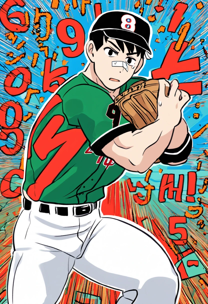  huge muscles,score_9, score_8up, score_7up, score_6up, score_5up, score_4up, break
abstract background, break
solo, young male, boy, sh0m4, black hair, backwards cap, black eyes, bandaid on nose, break
baseball uniform, baseball pants, source_cartoon, rating_safe, break
