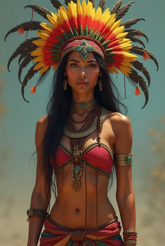 Looks like Sandeepa Dhar, Foto RAW: (pele altamente detalhada: 1.2), 8k UHD, DSLR, soft-lighting, alta qualidade, film grain, tribal girl, skin texture, skin pores, stunning looks, tribal headdress, tattoos, colorful tribal tattoos, tribal white girl, Polynesian tribe, best quality, best cinematic color grading, detailed lighting, high resolution, Fujifilm XT3