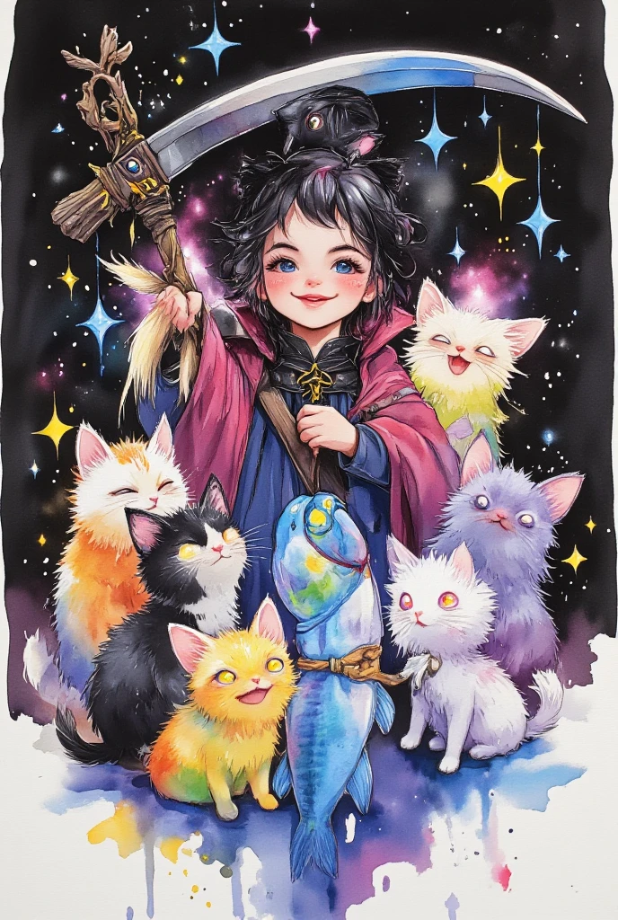 A cinematic illustration of a high definition watercolor painting. There's a cartoon-style character resembling Death with a scythe over his shoulder and a cute black cat with glowing eyes on his head. The character is surrounded by eight cats, some of which have ghostly features and glowing eyes. One of the cats is playing with a fish skeleton tied to a rope held by the central character. The background is dark, emphasizing the glow effect around the cats. The background contains colorful magical energy particles and illuminated sparkles swirling over the image. 