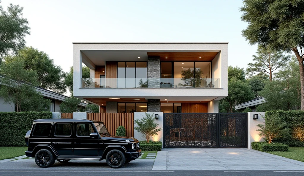 This image depicts a modern two-story house with Asian-inspired design, featuring:



- **Structure and Design:** Rectangular form, low-pitched hip roof, layered effect with a second story set back, and strong horizontal lines for stability.

- **Materials:** White plaster or concrete walls, gray stone cladding, warm wood accents, and dark metal for contrast.

- **Features:** Large windows and glass doors for natural light, a balcony, a patterned metal and wood gate for privacy, and a small landscaped area.

- **Landscaping:** Mature trees for shade and privacy, with low hedges and shrubs enhancing greenery.

- **Vehicle:** A black Mercedes-Benz G-Class SUV suggests luxury and homeowner lifestyle.

- **Overall Impression:** The house conveys modern sophistication and comfort, with clean lines and natural materials promoting an inviting atmosphere amidst tranquil landscaping. Best Quality,Masterpiece, UHD, 4k, Stunning,Eye-catching,Sharp edge render, Award winner design in 2024, Photorealistic, High-Resolution, Detailed, Accurate, Vibrant, Dynamic Lighting, Textured, Perspective, Atmospheric, Contextual, Balanced Composition, Material Realism, Interactive, Immersive, Narrative, Minimalist, Glass, Neutral Tones, Accent Colors, Open Space, Integrated Lighting, Sleek Finishes