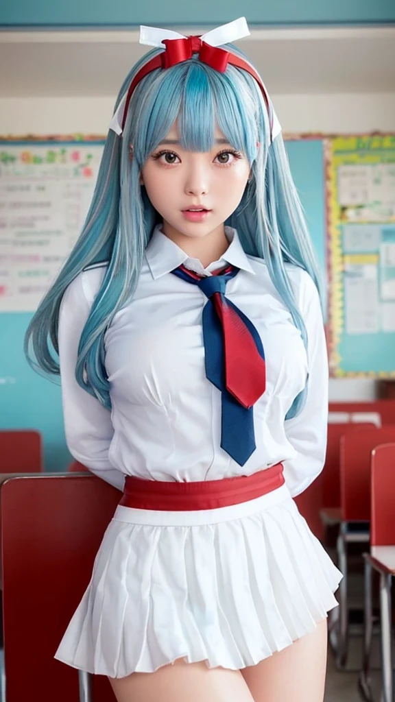 Light blue hair, red half-rimmed glasses, school uniform, white over-the-knee socks