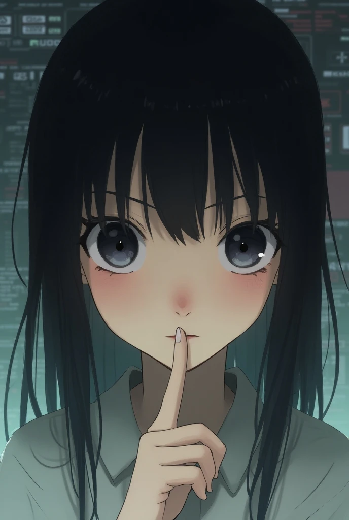 turn this girl into black long hair, straight hair, green eyes, red jacket, red choker.