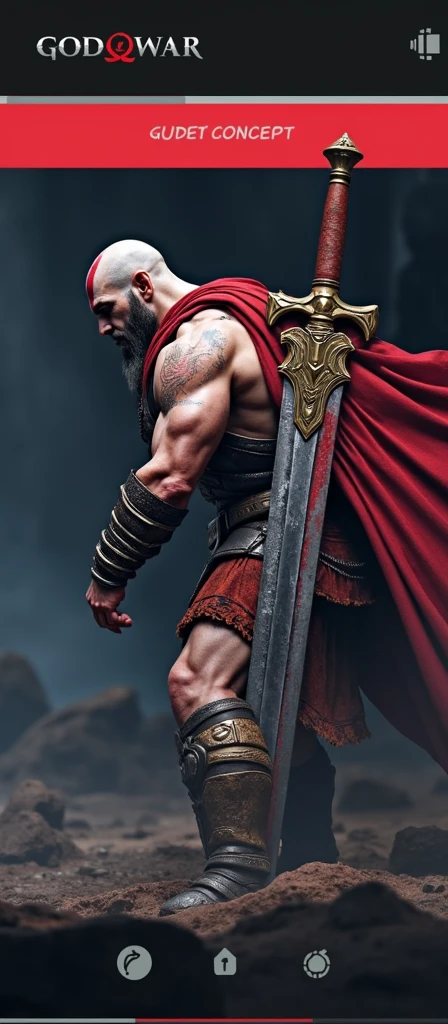 Old, Tall, muscular, Old, Kratos, bright eyes, powerful, wearing a barbaric fur armor, a long red cape, standing in a field, holding a large blood sword, Realistic, Full HD, best quality