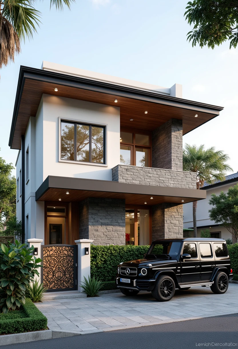 This image depicts a modern two-story house with Asian-inspired design, featuring:



- **Structure and Design:** Rectangular form, low-pitched hip roof, layered effect with a second story set back, and strong horizontal lines for stability.

- **Materials:** White plaster or concrete walls, gray stone cladding, warm wood accents, and dark metal for contrast.

- **Features:** Large windows and glass doors for natural light, a balcony, a patterned metal and wood gate for privacy, and a small landscaped area.

- **Landscaping:** Mature trees for shade and privacy, with low hedges and shrubs enhancing greenery.

- **Vehicle:** A black Mercedes-Benz G-Class SUV suggests luxury and homeowner lifestyle.

- **Overall Impression:** The house conveys modern sophistication and comfort, with clean lines and natural materials promoting an inviting atmosphere amidst tranquil landscaping. Best Quality,Masterpiece, UHD, 4k, Stunning,Eye-catching,Sharp edge render, Award winner design in 2024, Photorealistic, High-Resolution, Detailed, Accurate, Vibrant, Dynamic Lighting, Textured, Perspective, Atmospheric, Contextual, Balanced Composition, Material Realism, Interactive, Immersive, Narrative, Minimalist, Glass, Neutral Tones, Accent Colors, Open Space, Integrated Lighting, Sleek Finishes