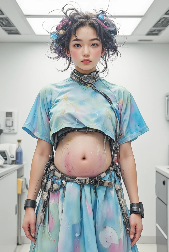 A hyperrealistic 3D image of a cyborg woman with a transparent belly, revealing a three-month-old baby gestating inside her. The woman has metal parts and wires attached to her body. She is wearing a hospital gown. The background is a sterile medical room with a light overhead. 