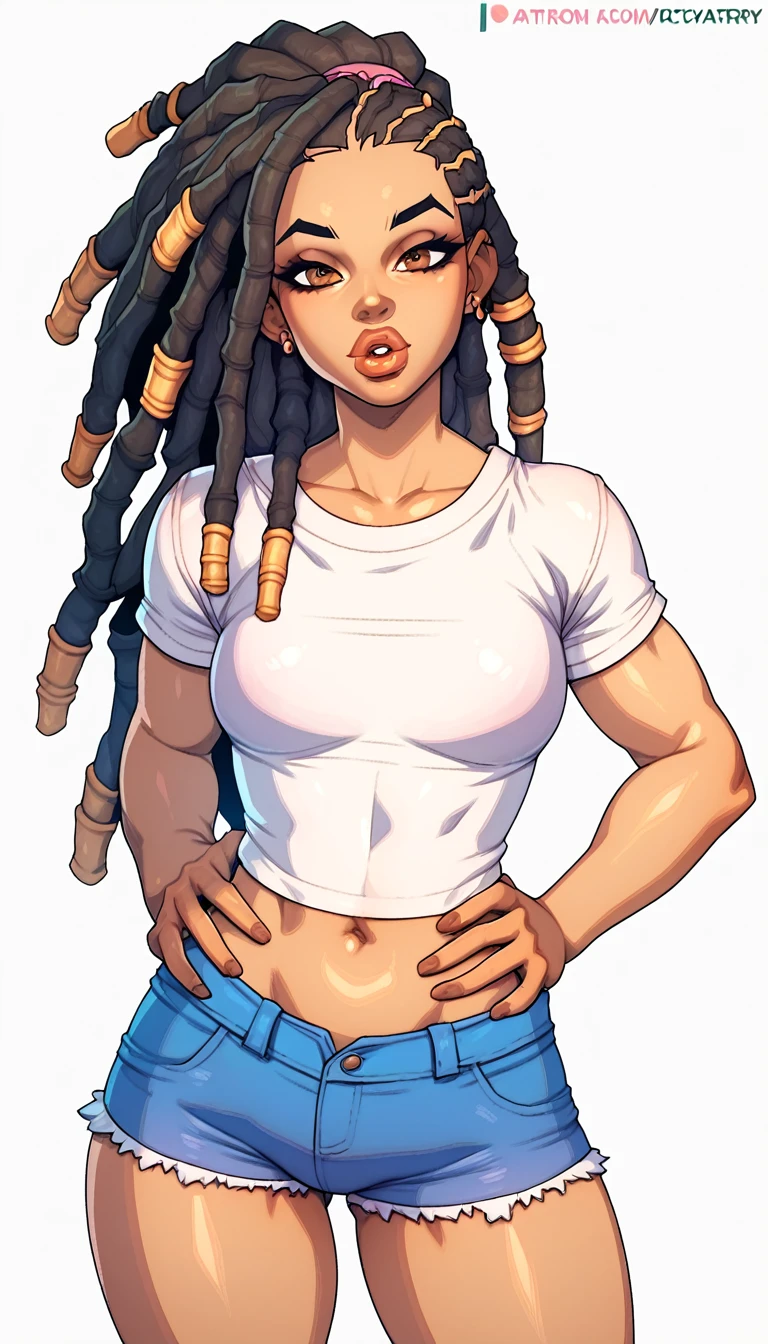   Young black woman with long hair in dreadlocks, ( full lips  ,   brown eyes),  wide white t-shirt  ,  very short and tight white Lycra shorts , thick thighs ,  posing with his hands on his waist ,(  hands around the waist   :1.2)