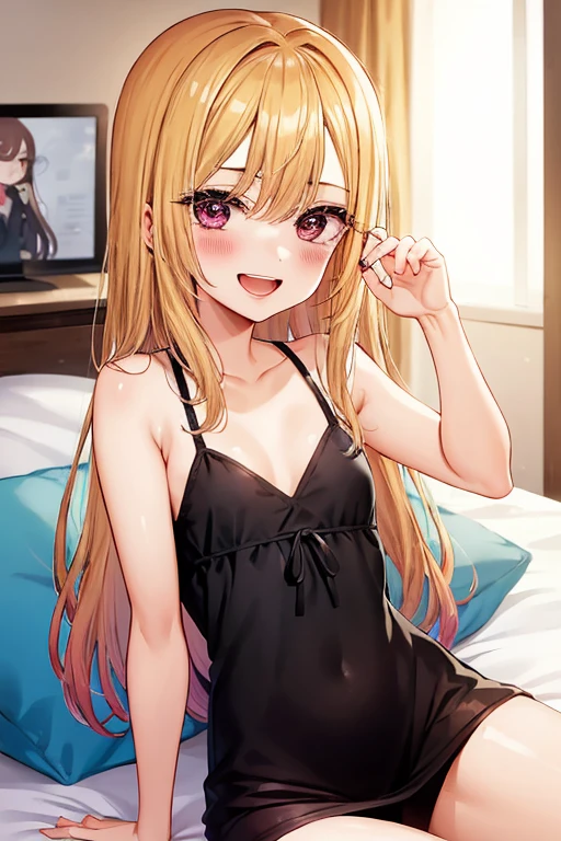 ((Best Quality)), ((masterpiece)), (be familiar with),  perfect face, indoor, bedroom,  watching viewers ,
One woman,  Kitakawa Kaiumi,
 characters with open mouth ,  ecstatic expression, blush, smile,
Small breasts,  flat chest, Young girl, Lori,  s,  girl,
Long Hair,  long hair,
Leg spread,