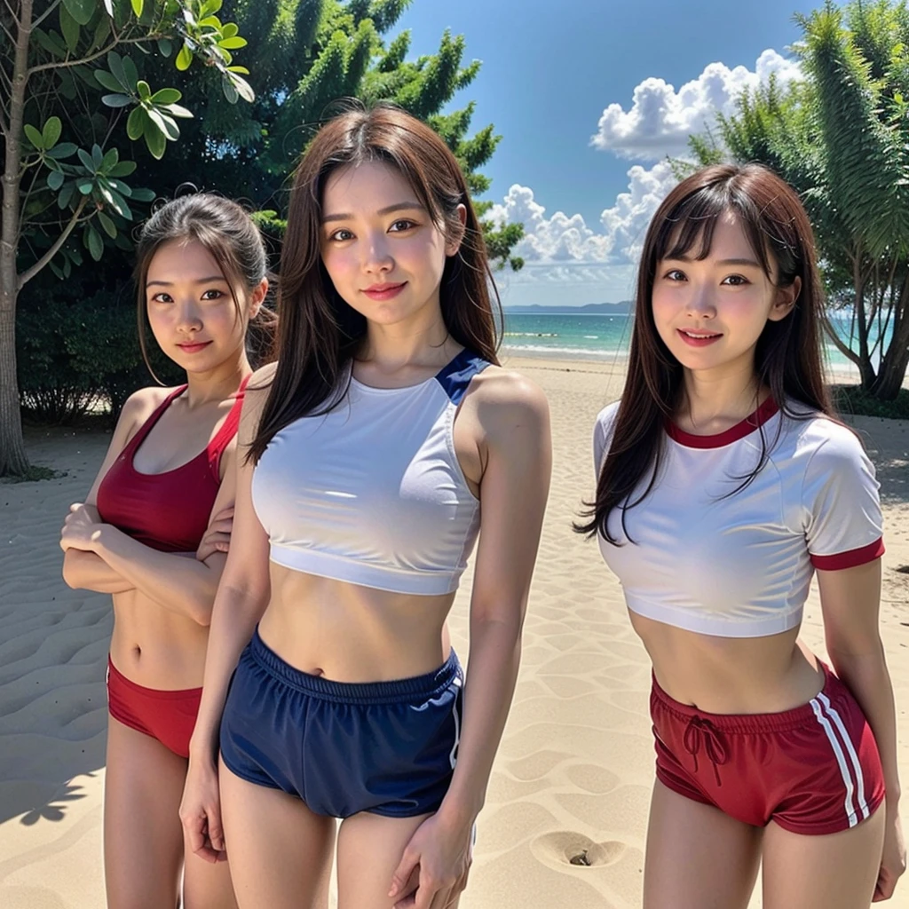 The image features two young women standing on a sandy beach, facing away from the camera but looking back over their shoulders with smiles. They are dressed in sporty beachwear; the woman on the left is wearing a white and red sports bra and matching shorts, while the woman on the right is in a dark blue sports bra and shorts. The background includes a lush green tree line and a bright blue sky, suggesting a sunny and pleasant day. The overall mood of the image is cheerful and relaxed, capturing a moment of enjoyment and camaraderie.
