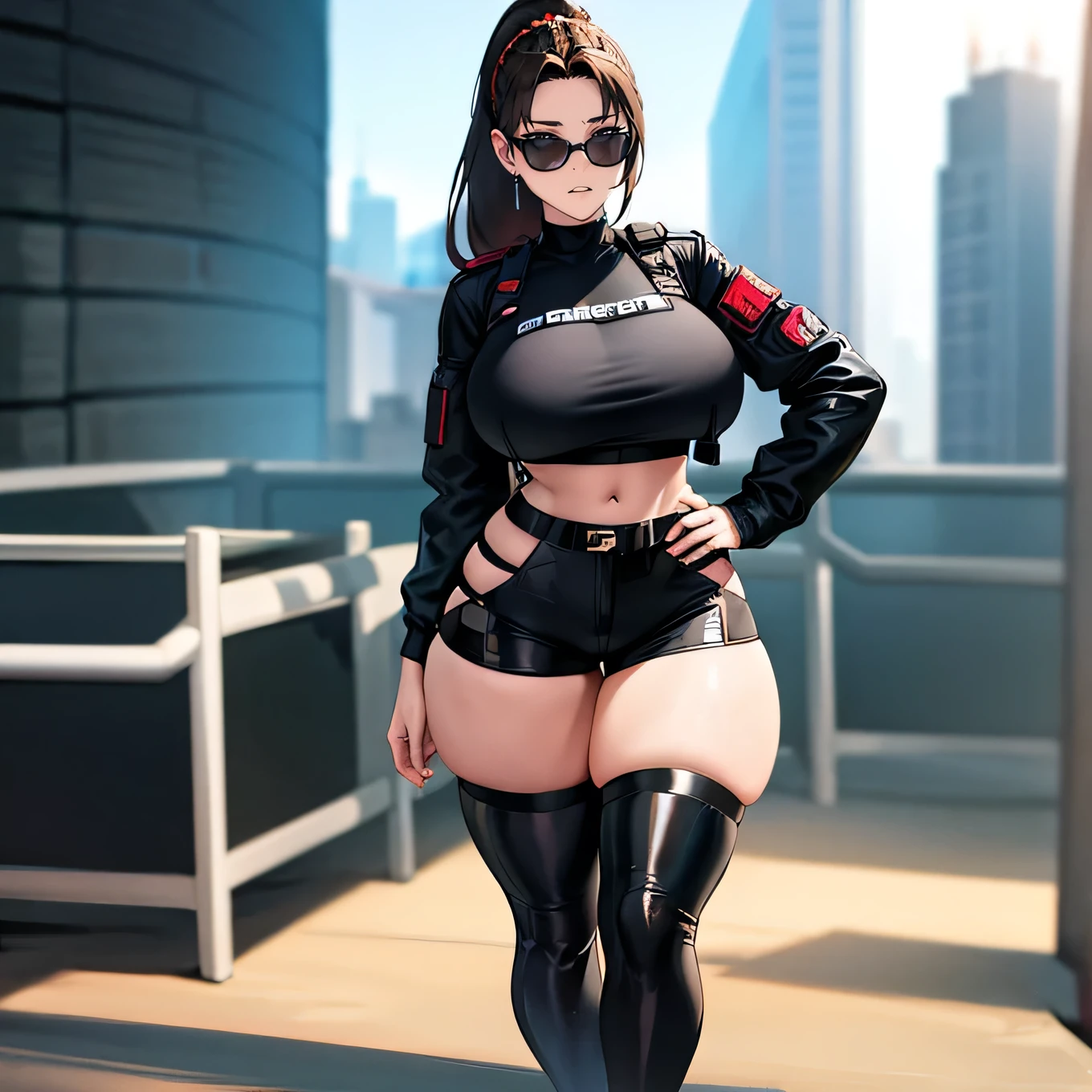 Beautiful brunette cyberpunk girl, she has a bionic arm, her hair is done up in a braided ponytail, she's wearing cargo pants, she's wearing a tight black crop top, she's wearing an oversized jacket, she has very wide hips, she's wearing sunglasses, wearing headphones, she has large oppai, her thighs are disproportionately thick