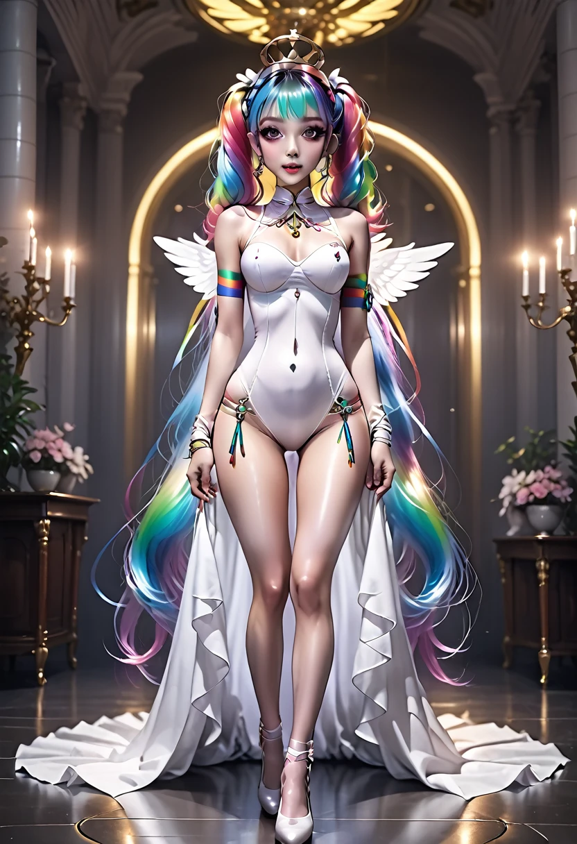 Brat、 Obscene Tattoos、 tiara 、Angel、royal palace、enamel bondage dress、Prostitute、Small breasts、Delicate upper body 、 plump lower body、rainbow wig、Ahegao、first round、masterpiece、 high quality