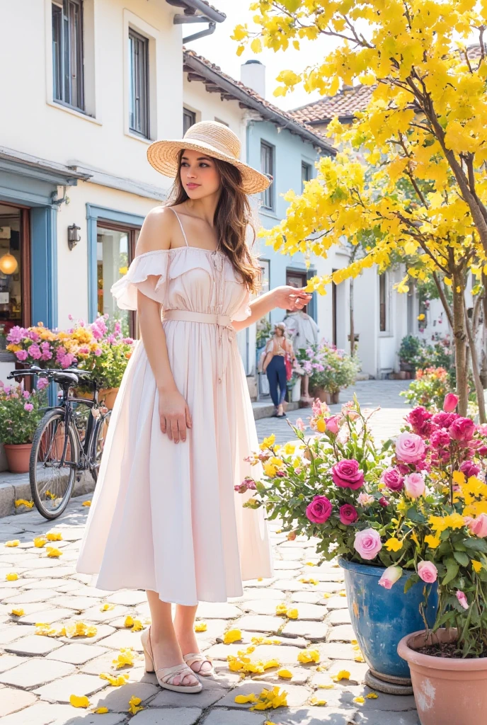 A colorful masterpiece in photography captures the essence of a romantic European town, where the cobblestone street is illuminated by warm, golden sunlight. An elegant woman in a flowing white dress and a ribbon-trimmed hat stands next to a bicycle, her enticing gaze and subtle smile welcoming all who pass by. The background features a flower seller meticulously arranging a vibrant bouquet of roses and lilies, whose vibrant colors are subtly hinted at through the gorgeous colors. The atmosphere is filled with aromas of fresh flowers and friendly conversations, creating an aura of tranquility and romance that surrounds the entire scene. 